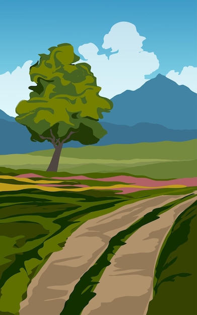 Vector paisaje de campo con montaña y carretera.