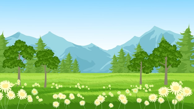 Paisaje en el campo con prados de árboles de montaña y flores.