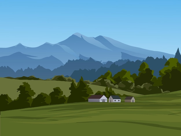 Paisaje de campo tranquilo con montañas y casas