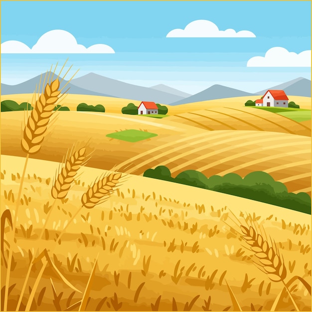 Paisaje de campo de trigo dorado con casas de granja y cielo azul