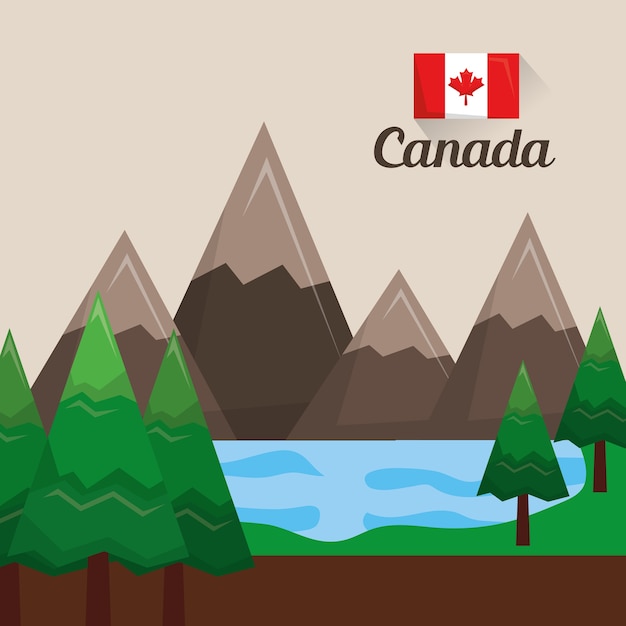 Vector paisaje canadiense montañas lago pino