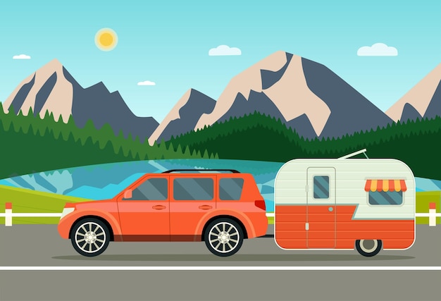 Paisaje de caravana de automóviles y remolques con montañas forestales y laker Ilustración de estilo plano de vector