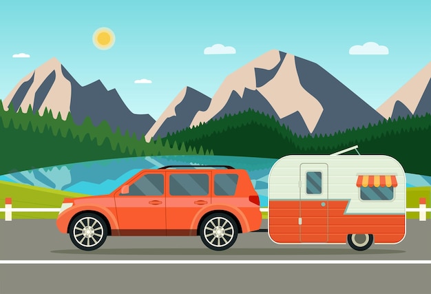 Paisaje de caravana de automóviles y remolques con montañas forestales y laker ilustración de estilo plano de vector