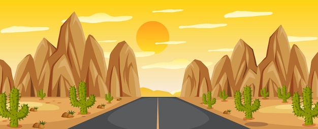 Vector paisaje de la carretera del desierto al atardecer