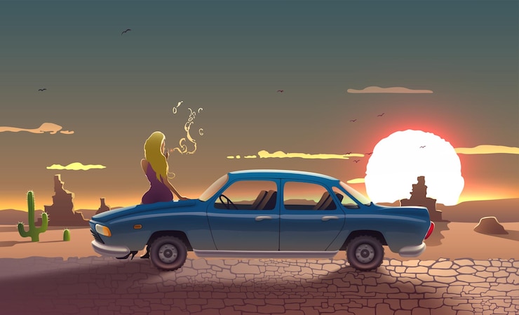 Vector paisaje de carretera con mujer conductora de fumar coche retro con piedras y cactus de las montañas del sol de arizona