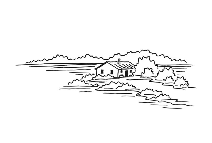 Paisaje con casa de campo Ilustración dibujada a mano convertida en vector