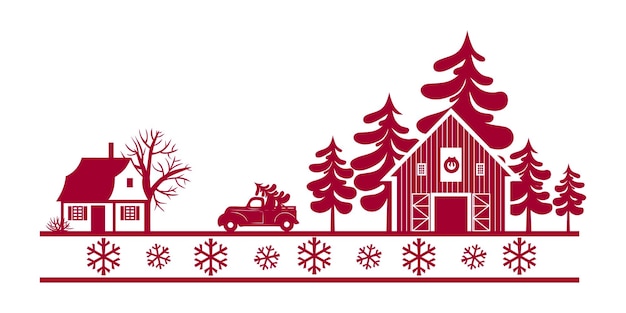 Paisaje con casa granja de árboles de navidad camión de navidad y copos de nieve vector dibujado a mano