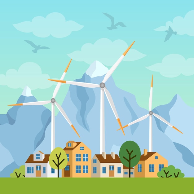 Paisaje con casas privadas y molinos de viento sobre un fondo de montañas y colinas. las turbinas de los generadores de viento producen energía ecológica renovable en la naturaleza. fuentes alternativas de energía.