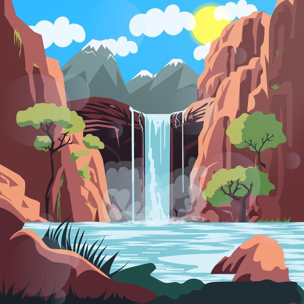 Vector paisaje de cascadas ilustraciones de paisajes montañas dibujos animados de cielo azul