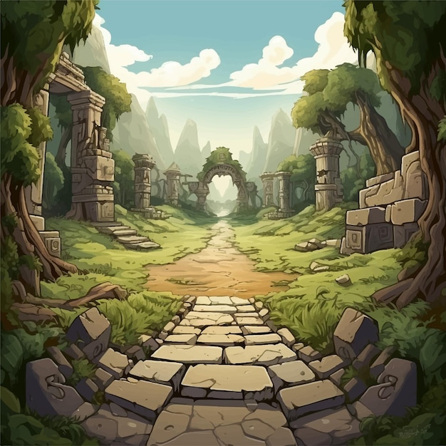 un paisaje de castillo de dibujos animados con un fondo de juego de camino de piedra