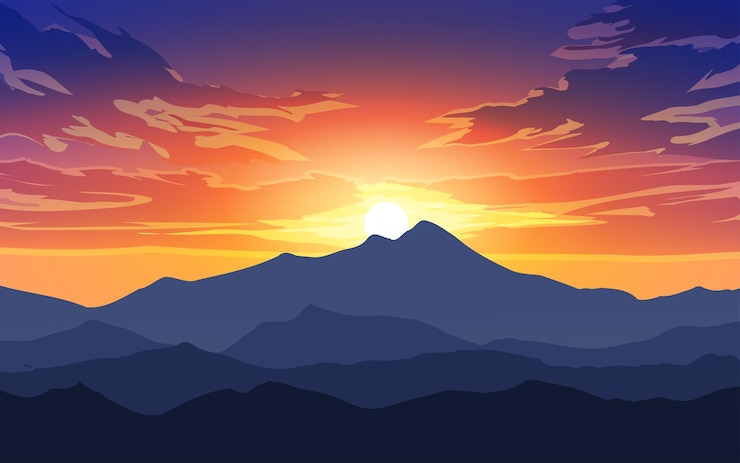 Vector paisaje de cielo de montaña y puesta de sol