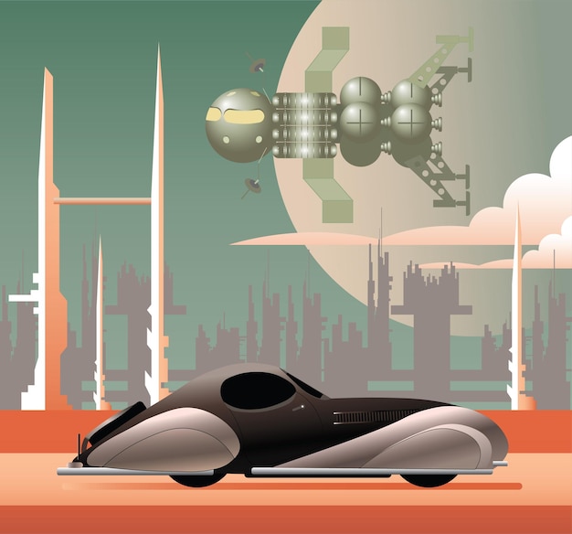 Vector paisaje de ciencia ficción futurista retro con colonia en otro planeta nave espacial y automóvil atompunk en movimiento d