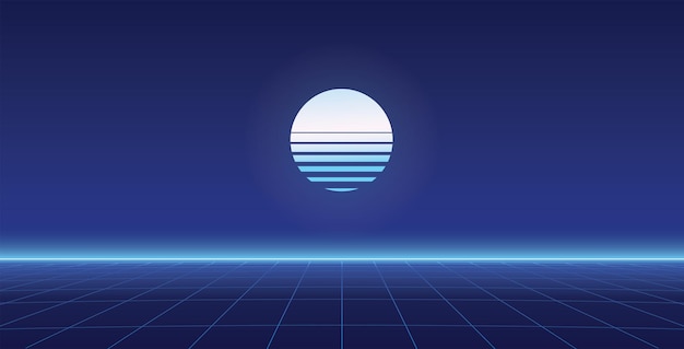 Paisaje de ciencia ficción de neón de la década de 1980 Fondo de vector de onda sintética Retrowave Cuadrícula de perspectiva Cyberpunk