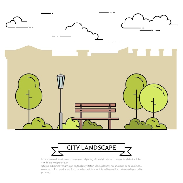 Vector paisaje de la ciudad con el banco en el parque central.