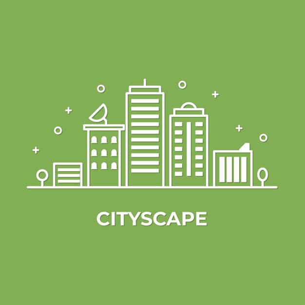 Paisaje de la ciudad con edificio Ilustración vectorial de línea plana de estilo minimalista del paisaje urbano de la torre