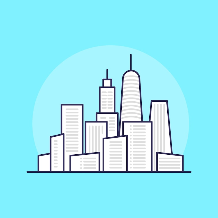 Vector paisaje de la ciudad de edificios de gran altura icono plano