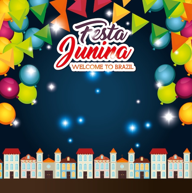 Vector paisaje de la ciudad de nightime con globos y banderas ilustración de vector de junina festa