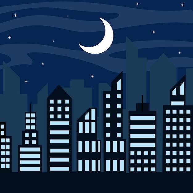paisaje de la ciudad por la noche modelo de ilustración vectorial de paisaje diseño gráfico vista de edificio de la ciudad con concepto lunar para promoción de banner de agente de negocios de bienes raíces