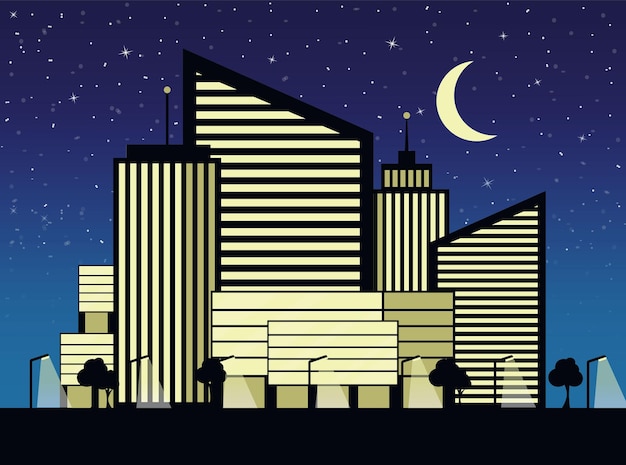 Vector paisaje de una ciudad nocturna moderna con rascacielos. ilustración vectorial