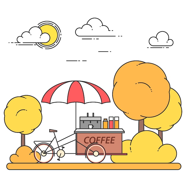 Paisaje de la ciudad del otoño con la bicicleta del café en Central Park. Ilustracion vectorial Arte lineal. Concepto de construcción, vivienda, mercado inmobiliario, diseño de arquitectura, banner de inversión inmobiliaria, tarjeta.