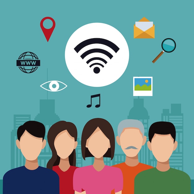 paisaje de la ciudad con personas sociales y conectividad de iconos