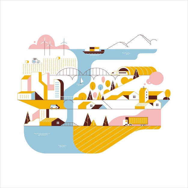 Paisaje de la ciudad con río y puente Ilustración vectorial en estilo plano