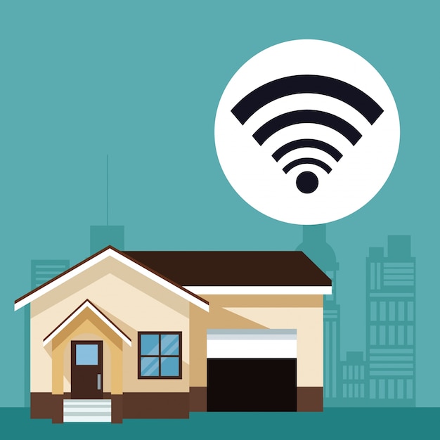 paisaje de la ciudad de silueta con smarthouse e icono inalámbrico