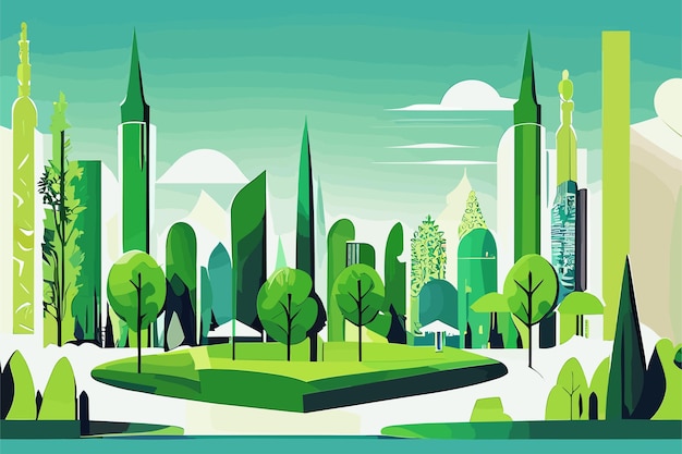 Paisaje de ciudad verde con rascacielos y árboles Fondo de ilustración vectorial