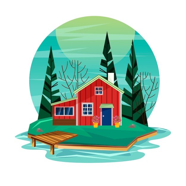 Vector paisaje con una clásica casa escandinava de sommarstuga en una pequeña isla. concepto de turismo del norte.