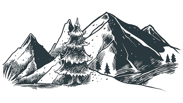 Paisaje de colina de montaña Dibujado a mano ilustración vectorial dibujo natural estilo vintage