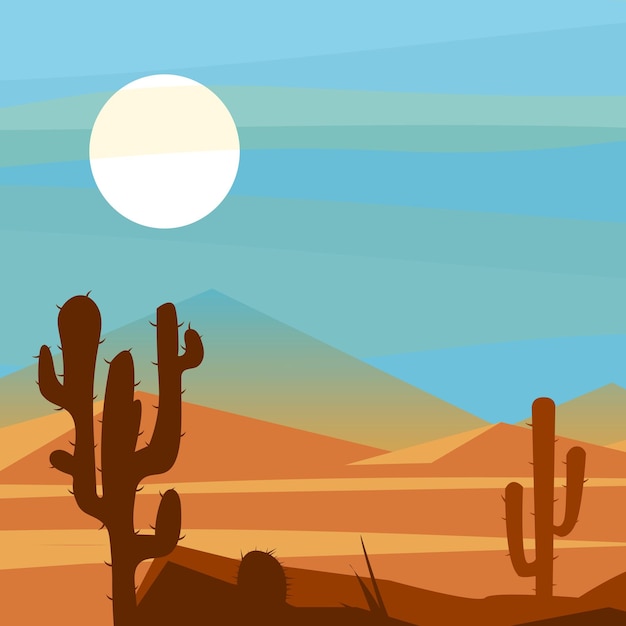 Paisaje de colinas del desierto Sol y cactus Vectorx9
