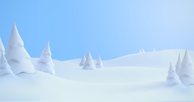 Paisaje de colinas de nieve de invierno con ventisqueros y abetos nevados