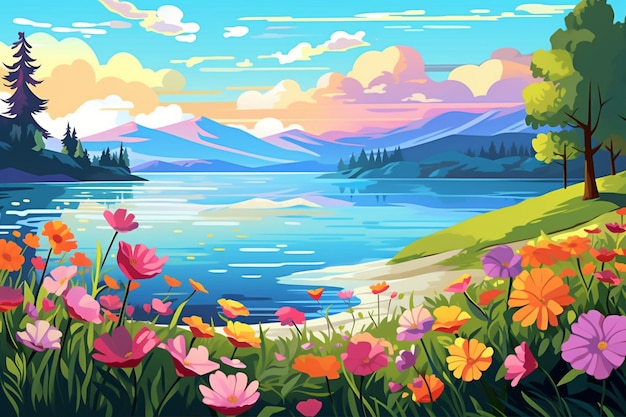 Paisaje con coloridas flores junto al lago