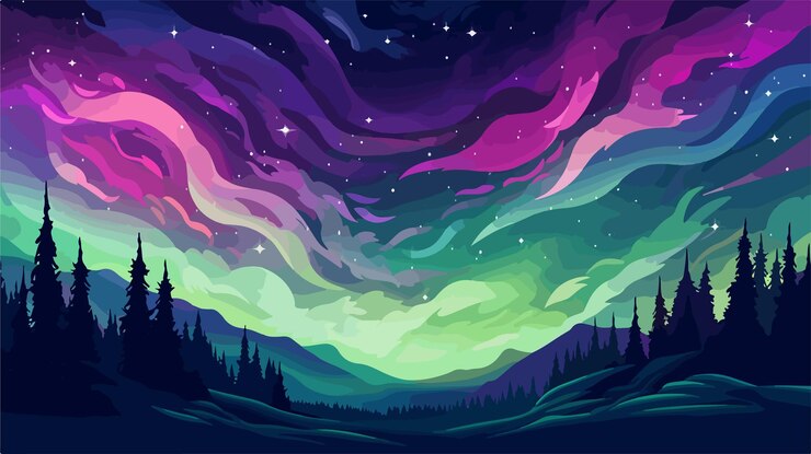 Vector un paisaje colorido con un arco iris en el medio