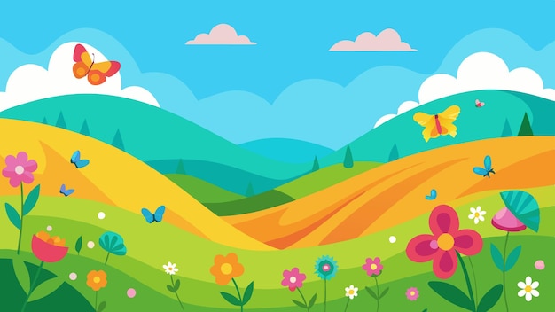 un paisaje colorido con un campo de flores y mariposas