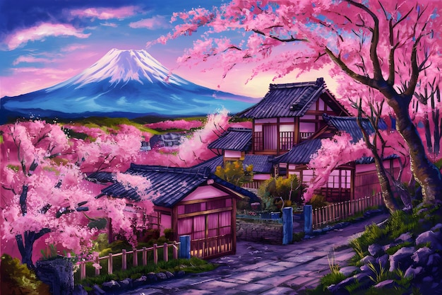 Paisaje colorido ciudad y pueblo de Japón temporada de sakura