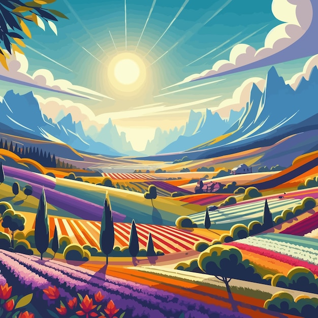 Vector un paisaje colorido con montañas y árboles con un sol en el fondo