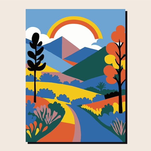 un paisaje colorido con montañas y arcoíris al fondo