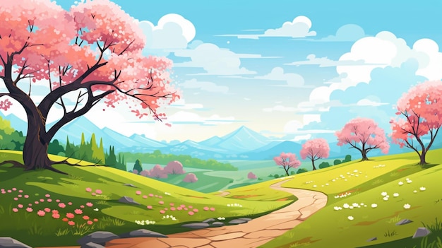 Vector un paisaje colorido con un río y árboles