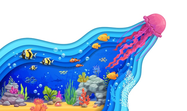 Vector paisaje de corte de papel submarino de medusas de dibujos animados