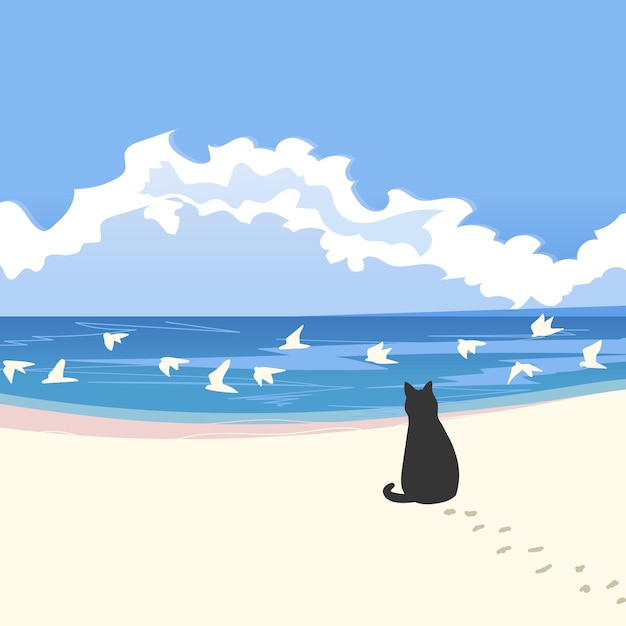 Paisaje de la costa y lindo fondo de vector de gato