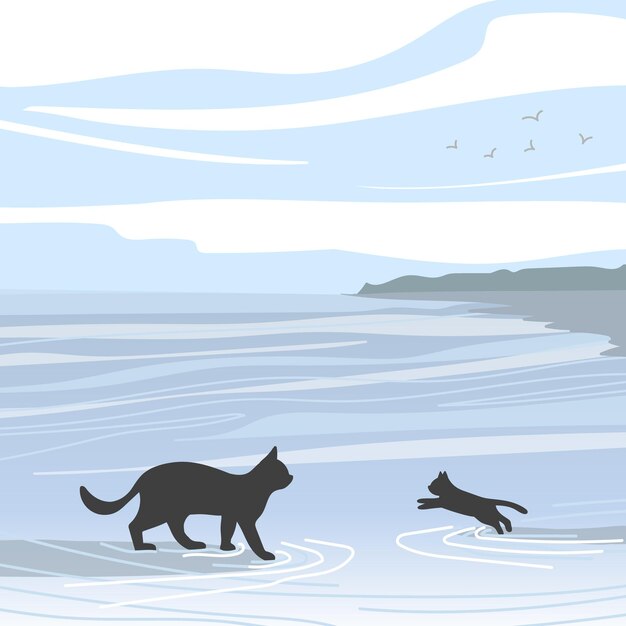 Paisaje de la costa y lindo fondo de vector de gato