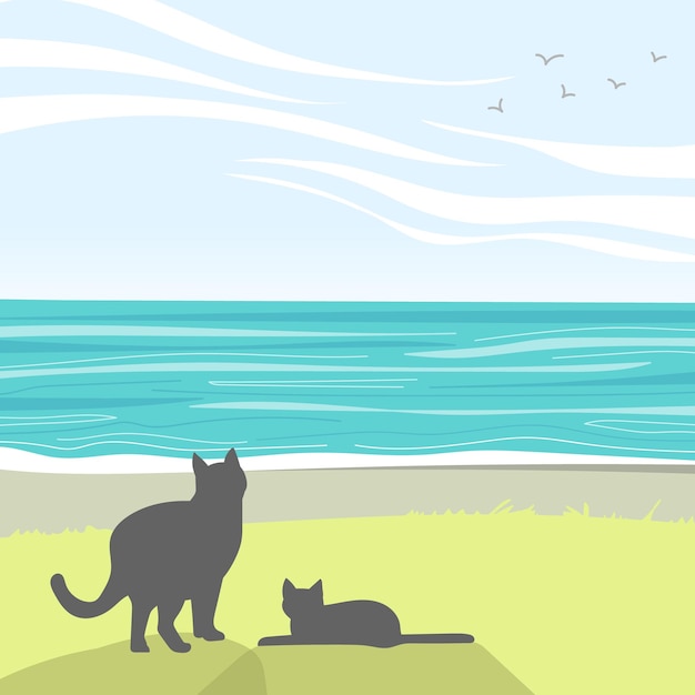 Paisaje de la costa y lindo fondo de vector de gato