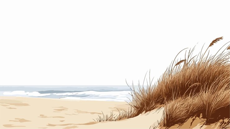 Vector paisaje costero sereno con hierba seca en la playa de arena
