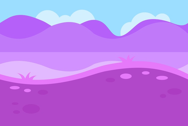 Paisaje sin costuras de grassy road y pink and purple hills para el juego, ilustración vectorial