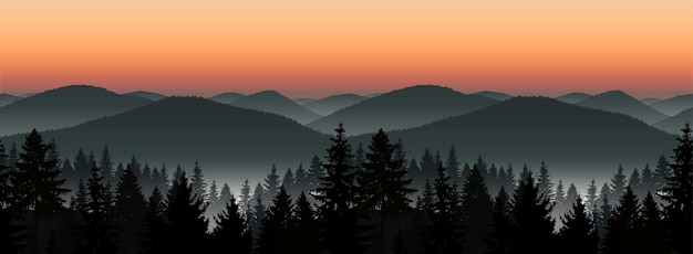 Vector paisaje sin costuras panorama de las montañas niebla del atardecer