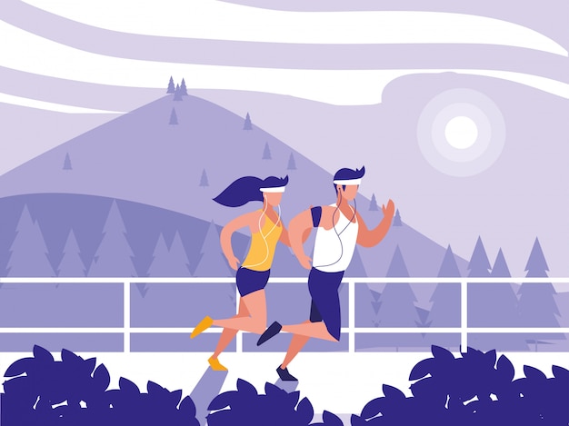 Paisaje creativo con pareja corriendo