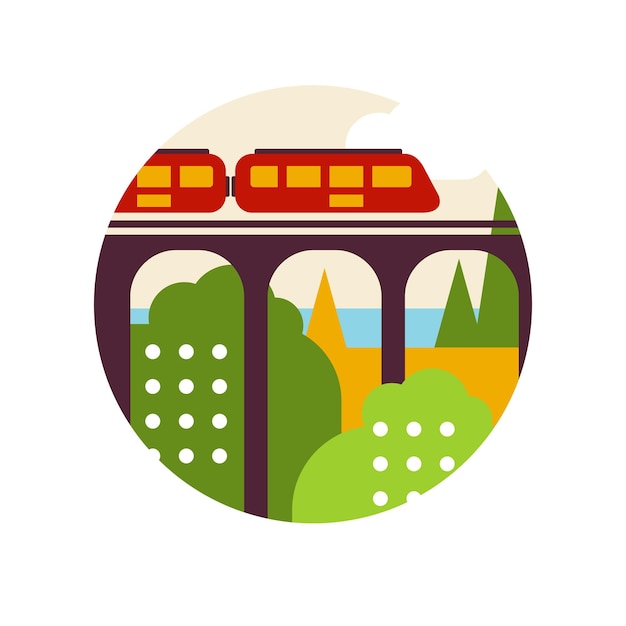 Vector paisaje creativo con puente de ferrocarril y tren en círculo de logo, signo ambiental ecológico y natural, elemento de diseño para emblema o vector de placa ilustración aislada en un fondo blanco.