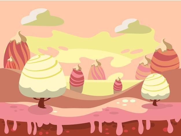 Paisaje de cuento de hadas de dibujos animados. Ilustración de Candy Land para el fondo del juego