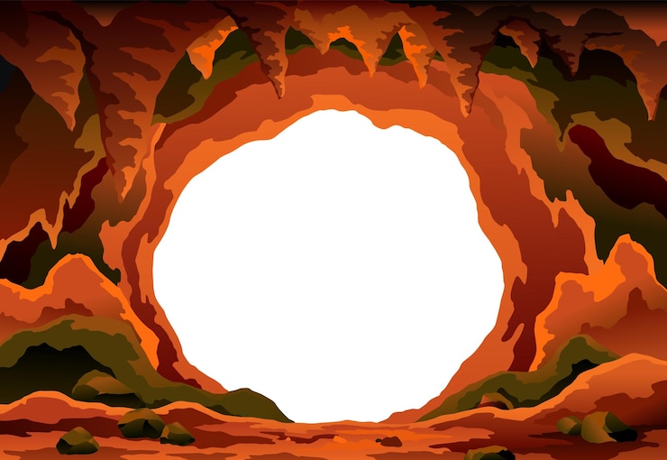 Vector paisaje de la cueva entrada de la cueva de piedra con espacio en blanco vacío dentro ilustración del juego de caverna de roca de entrada de mazmorra prehistórica imagen vectorial de túnel en montaña o mina en rocas